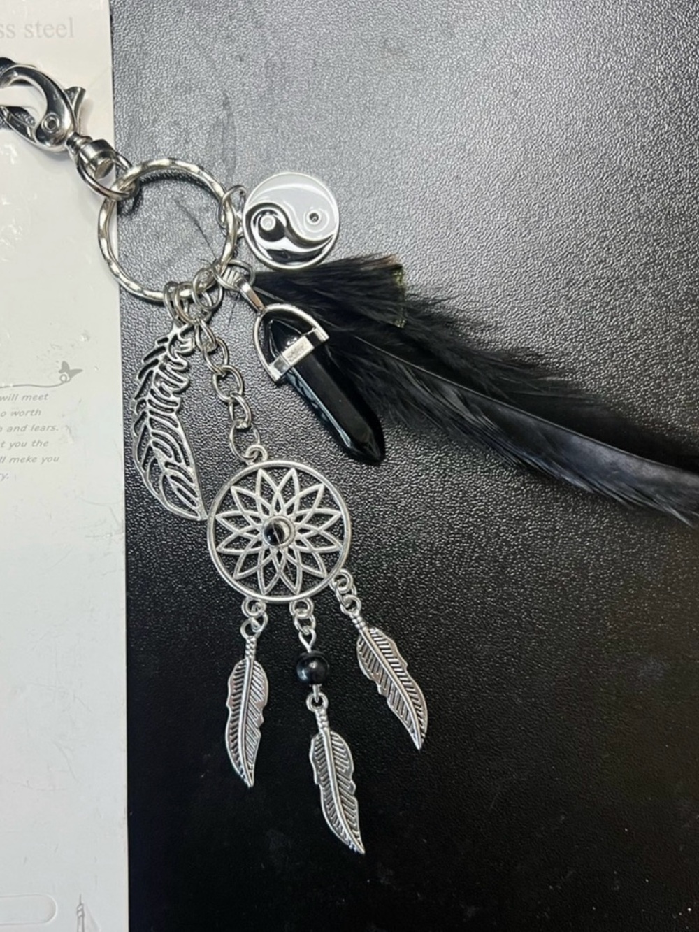 Black Feather Dreamcatcher Keychain with Yin Yang Charm